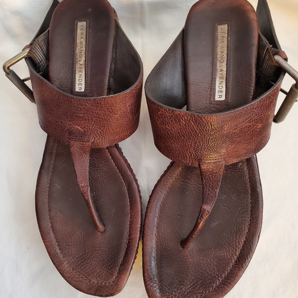 Vera Wang Lavender Label Orlando Brown Leather Wedge Sandals - 8